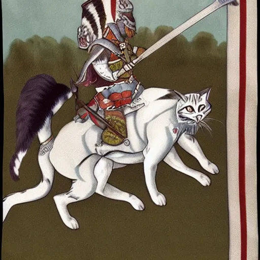 Image similar to a piebald warrior cat riding a large striped gray cat steed galloping into battle he holds the reigns with one paw and a battle flag with the other