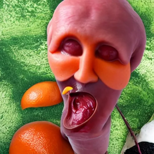 Prompt: ( 1 ) orange beet man eating ( 2 ) meat