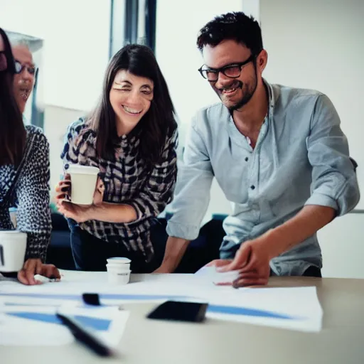 Image similar to stock photograph of people enjoying making a gantt chart, movement, energy, coffee