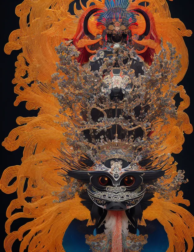 Image similar to the yey of god portrait with mask and crown made of ram skull. beautiful intricately detailed japanese crow kitsune mask and clasical japanese kimono. betta fish, jellyfish phoenix, bioluminescent, plasma, ice, water, wind, creature, super intricate ornaments artwork by tooth wu and wlop and beeple and greg rutkowski