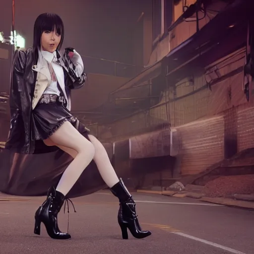 Image similar to a dynamic, epic cinematic 8K HD movie shot of a japanese beautiful cute young J-Pop idol actress yakuza rock star girl wearing leather jacket, miniskirt, nylon tights, high heels boots, gloves and jewelry. Motion, VFX, Inspirational arthouse, at Behance