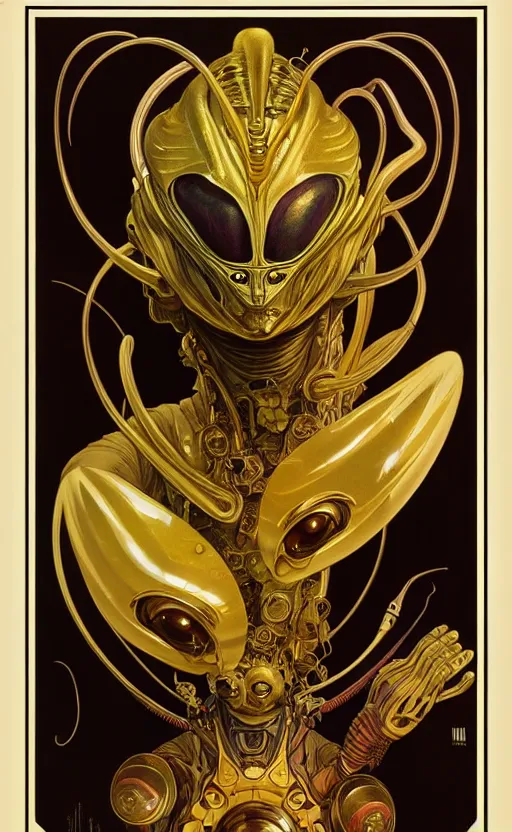 Image similar to exquisite imaginative alien creature poster art, gold, movie art, by lucusfilm, weta studio, alphonso mucha, james jean, frank frazetta, 8 k, denoised