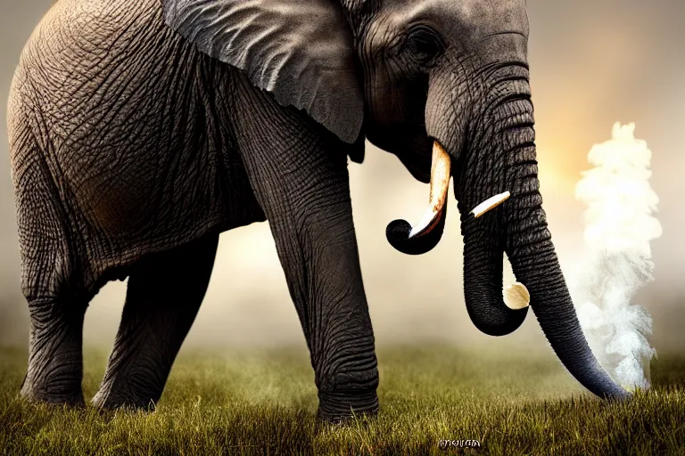 Prompt: ultra realistic nature photography, picture of ( subject : an elephant blowing smoke ). the scene is set in a cigar lounge, a very smokey atmosphere, small thick clouds of cigar smoke, artstation, focus on the elephant, extremely detailed and crisply sharp photo, hyperrealistic smoke, figma, sigma, 4 k