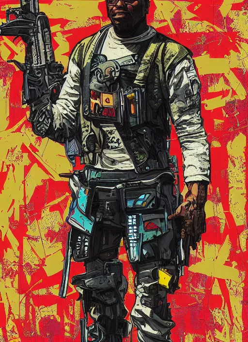 Prompt: chidi igwe. cyberpunk mercenary in combat vest. portrait illustration, pop art, splash painting, art by geof darrow, ashley wood, alphonse mucha, makoto shinkai