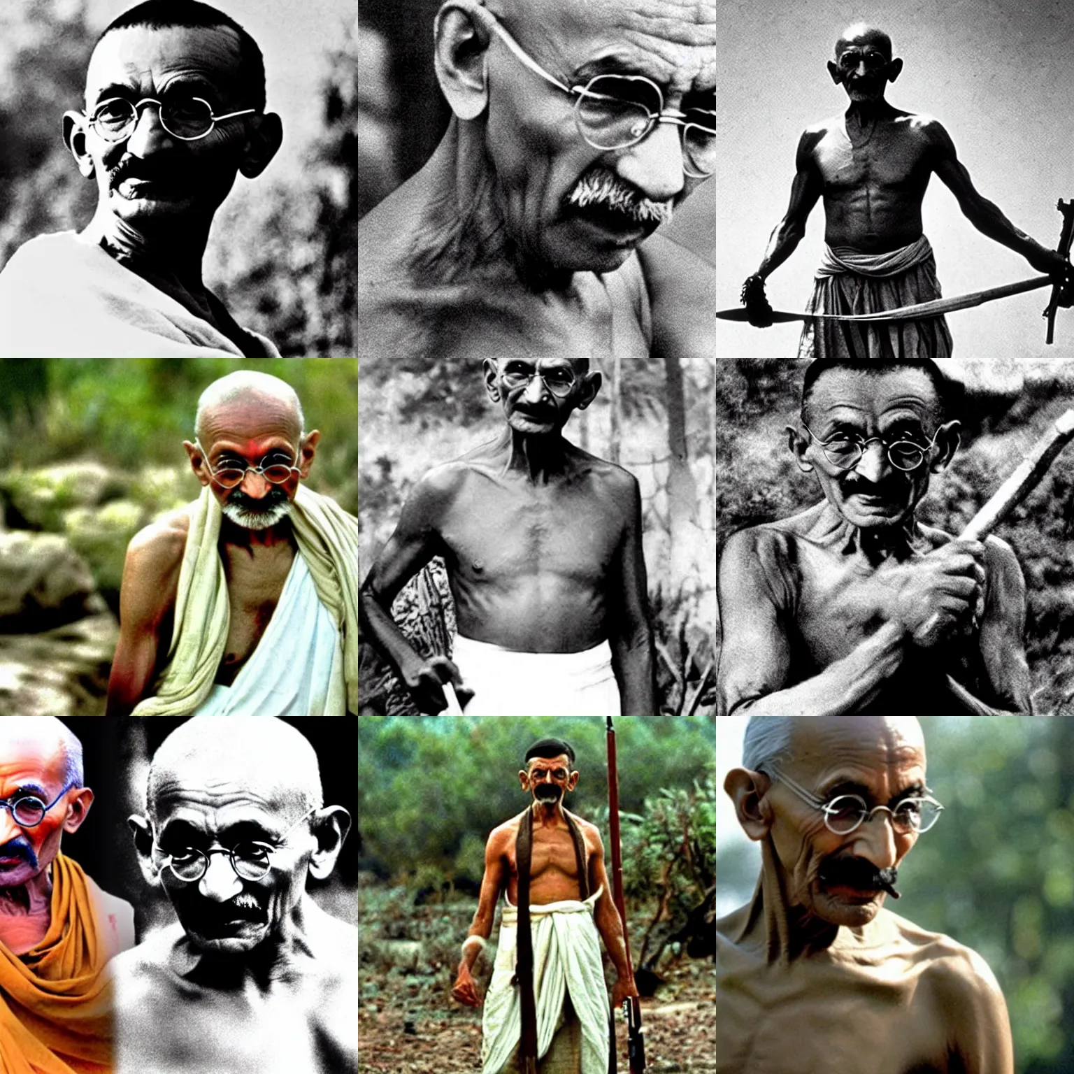 Prompt: A still of Mahatma Gandhi as Rambo in Rambo First Blood