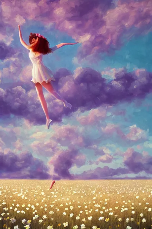 Image similar to giant white daisy flower as head, legs girl dancing in a flower field, surreal photography, sunrise, dramatic light, impressionist painting, colorful clouds, digital painting, artstation, simon stalenhag