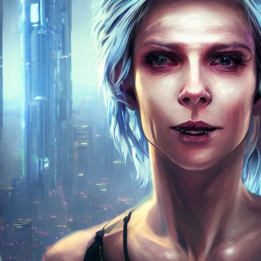 Prompt: cyberpunk, closeup portrait of a cyberpunk entertainer, blond hair, grey eyes, smiling, delicate jaw, dramatic light, city background, sunset, dystopian setting, high contrast, sharp, neuromancer, henry dorsett case, painted by stanley lau, painted by greg rutkowski, painted by stanley artgerm, digital art, trending on artstation