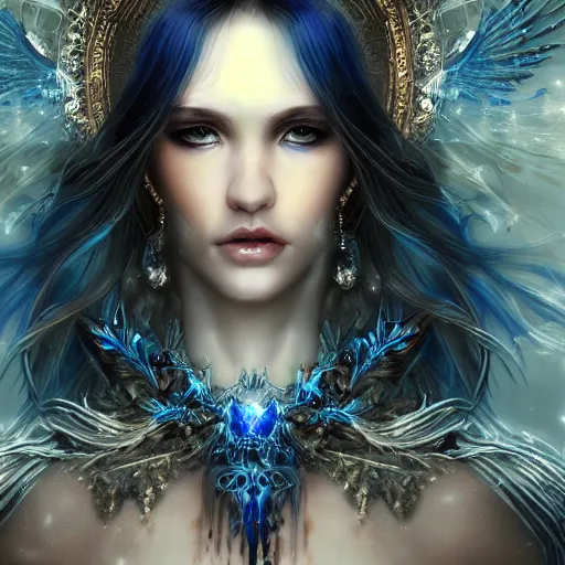 Image similar to masterpiece goddess of sorrow portrait, 3 0 years woman, melancolic face, dynamic hair digital painting by louis royo and wlop, dark tenebrous blue background, cinematic light, aura effect, some chaotic sparkles, unreal engine, artstation, deviantart, pinterest