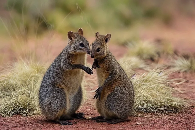 Image similar to “a quokka and wallaby smiling and hugging each other, nature photography”