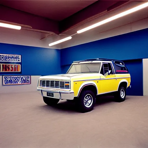 Prompt: 1984 Grand National Bronco, inside of an auto dealership, ektachrome photograph, volumetric lighting, f8 aperture, cinematic Eastman 5384 film