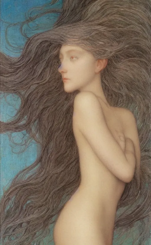 Image similar to Say who is this with silver hair so pale and Wan! and thin? beautiful lone single feminine!! angel, Aphrodite, in the style of Jean Delville, Lucien Lévy-Dhurmer, Fernand Keller, Fernand Khnopff, oil on canvas, 1896, 4K resolution, aesthetic, mystery