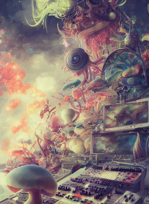 Prompt: surreal gouache painting, by yoshitaka amano, by ruan jia, by Conrad roset, by good smile company, detailed anime 3d render of a wild mushroom Surrounded by magical Dragonflies and a big DJ Mixer, deck, portrait, cgsociety, artstation, rococo mechanical and Digital and electronic, dieselpunk atmosphere