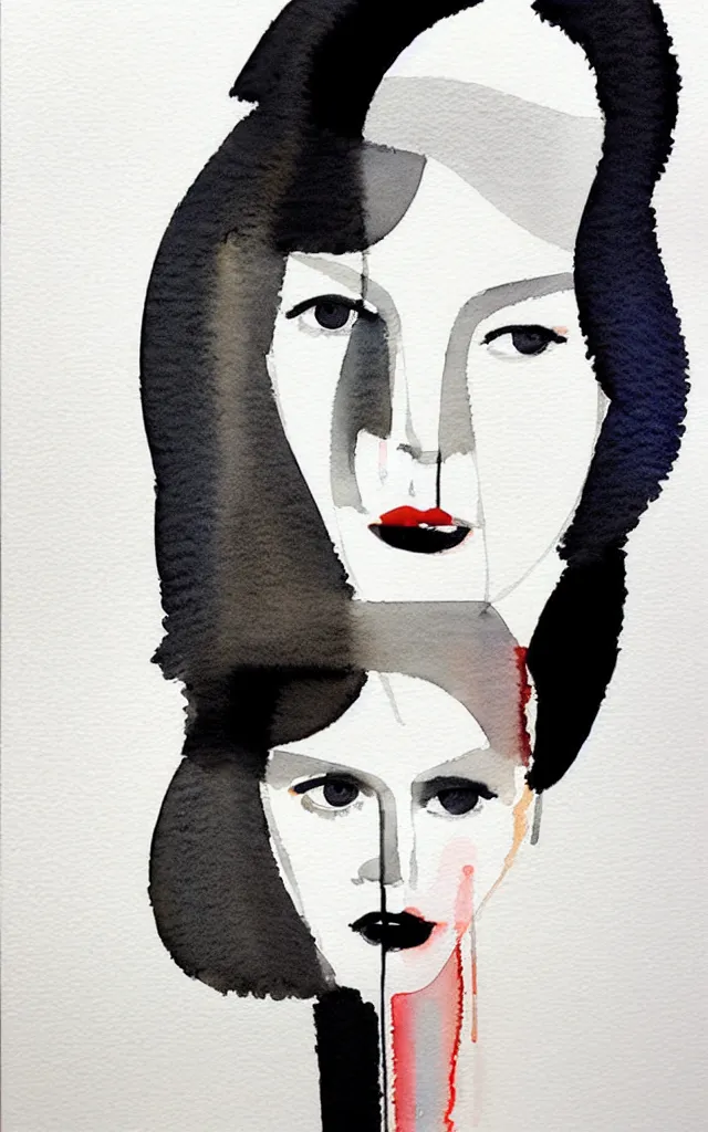 Prompt: one beautiful face woman, symmetrical, grey, colorless and silent, watercolor portraits by David downton