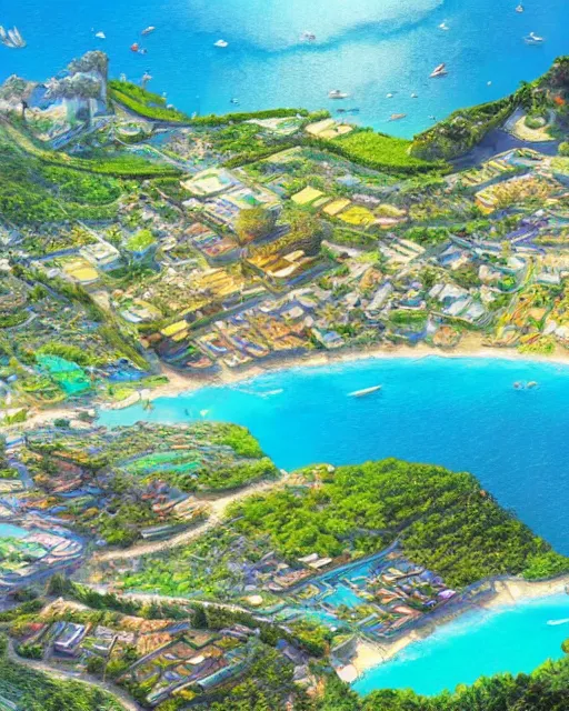 Prompt: wide angle high definition photo of futuristic solarpunk island + assos paradise lush village in kefalonia, greece painted by shaddy safadi and studio ghibli and feng zhu