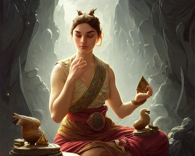 Prompt: a puzzled goose trying to find inner peace, deep focus, d & d, fantasy, intricate, elegant, highly detailed, digital painting, artstation, concept art, matte, sharp focus, illustration, hearthstone, art by artgerm and greg rutkowski and alphonse mucha