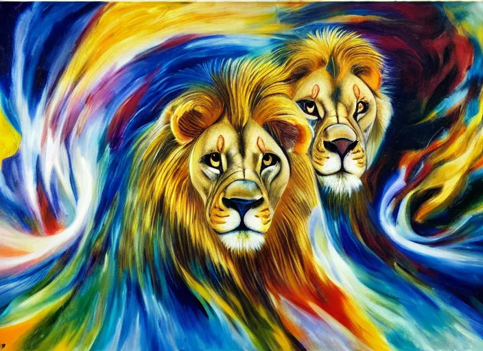 Image similar to An oil on canvas painting of two lions, void vortex, cosmic, by Wojciech Siudmak and Giacomo Balla, aesthetically pleasing composition, masterpiece, ultra realistic, super realistic, 4k, 8k