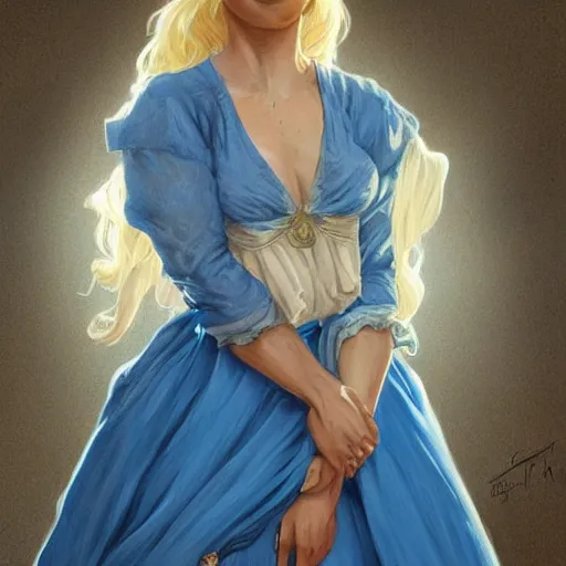 Image similar to full figure ultra realistic illustration, tessa thompson wearing a maiden blue dress, blonde flowy hair, old west, intricate, elegant, highly detailed, digital painting, artstation, concept art, smooth, sharp focus, illustration, art by artgerm and greg rutkowski and alphonse mucha