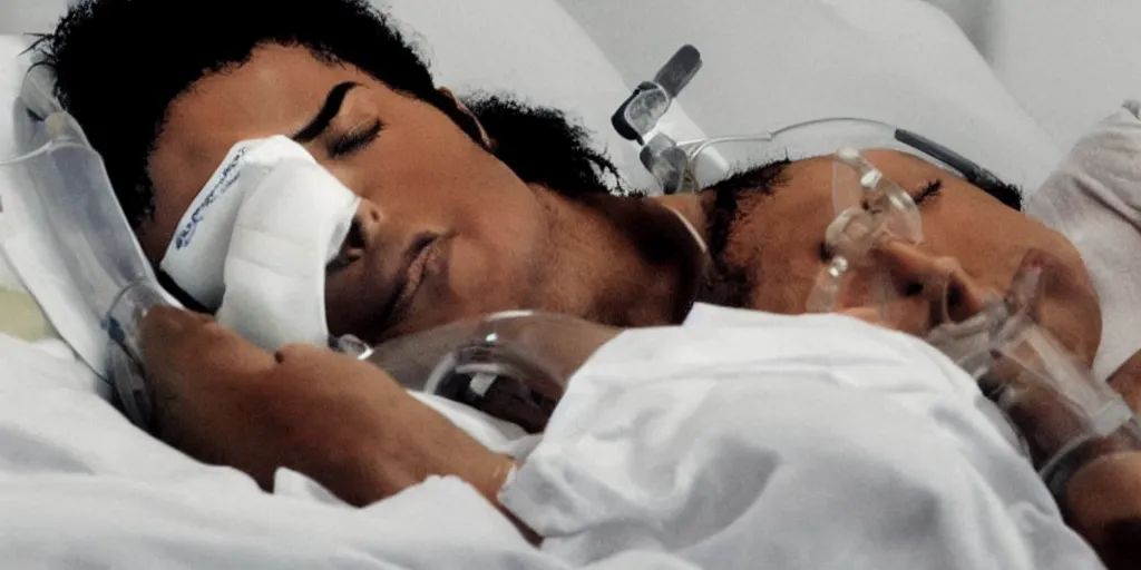 Image similar to michael jackson asleep 2 0 0 9, not breathing, hospital bed, oxygen mask, dead, ultra realistic face, 4 k, movie still, uhd, sharp, detailed, cinematic, render, modern