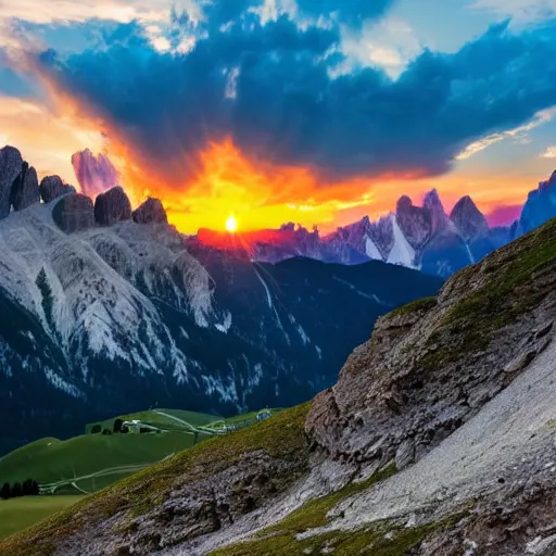 Prompt: sunset over the dolomite alps in summer, award winning, soft lighting, atmospheric