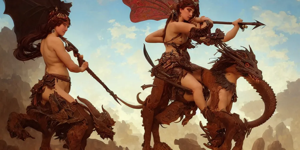 Image similar to portrait of a barbarian princess riding a magestic dragon, intricate, elegant, highly detailed, digital painting, artstation, concept art, smooth, sharp focus, illustration, art by artgerm and greg rutkowski and alphonse mucha and william - adolphe bouguereau