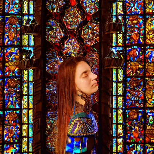 Prompt: a regal brown woman wearing an intricate and detailed armor made of stained glass. sagrada familia. reflections. colorful light shafts. textures. delicate. translucent. studio portrait. photorealistic. octane render