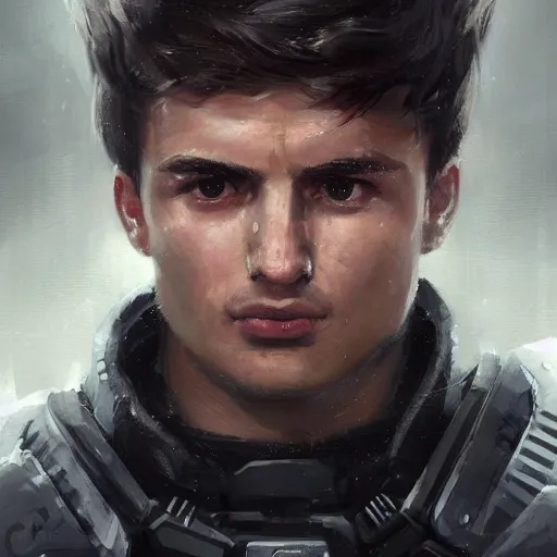 Image similar to Portrait of a man by Greg Rutkowski, he is about 20 years old, mixture turkish and russian, short dark blonde hair with bangs, attractive, angry but resigned look, he is wearing a futuristic tactical gear, highly detailed portrait, scifi, digital painting, artstation, concept art, smooth, sharp foccus ilustration, Artstation HQ.