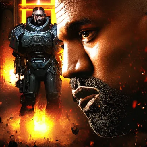 Prompt: Kanye West as 'the emperor of humanity from warhammer 40k' in 'Gears of War', splash art, movie still, cinematic lighting, detailed face, dramatic, octane render, long lens, shallow depth of field, bokeh, anamorphic lens flare, 8k, hyper detailed, 35mm film grain