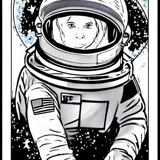 Prompt: clean simple line art of a woman floating in space. she is an astronaut, wearing a space suit. white background. well composed, clean black and white line drawing, beautiful detailed face. illustration by charlie adlard
