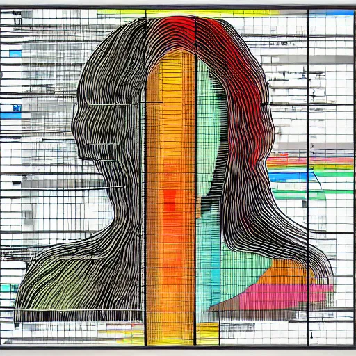 Image similar to a female made out of multiple overlays of complex scientific data visualized on top of each other, bar charts, thick and thin lines, waveforms on top ofmm square chart, topographic scan, space molecules, radio signals, negative space