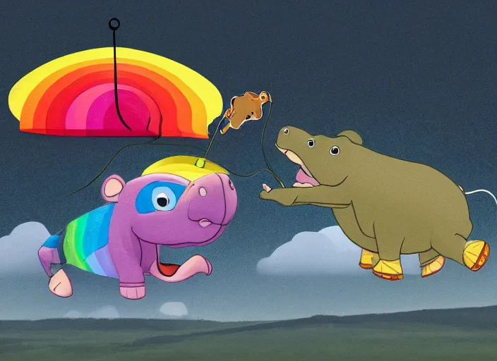 Image similar to a hippo has a propeller on its back instead of its tail and flies over a rainbow which is coming out of a crocs shoe