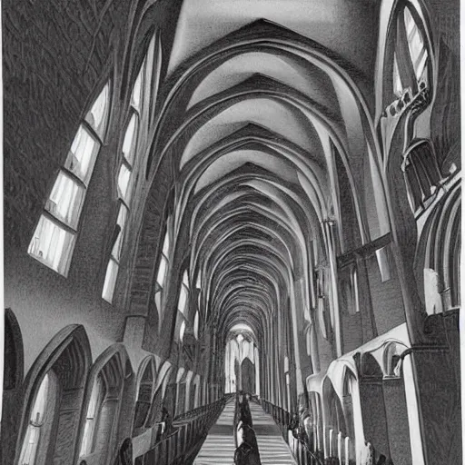 Prompt: escher print of impossible cathedral