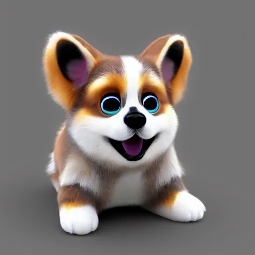 Image similar to a corgi furby, concept art, 3 d render, highest detail, cute, realistic