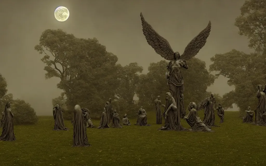 Prompt: statues of standing angels with anguished eyes and folded hands, wings, covered with ivy, placed on a lawn, night, full moon, fog, dramatic atmosphere, highly detailed, cinematic lighting, perfect composition, 4 k, gustave dore, derek zabrocki, greg rutkowski, belsinski, octane render