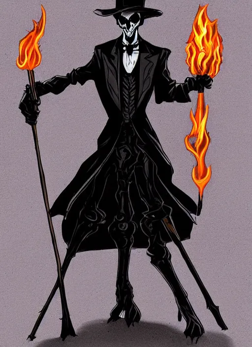 Image similar to DND character concept, Tall skeletal figure, wearing a deep black suit!!! and tie and top hat, holding a golden cane. Surrounded by light blue!!! flames!!