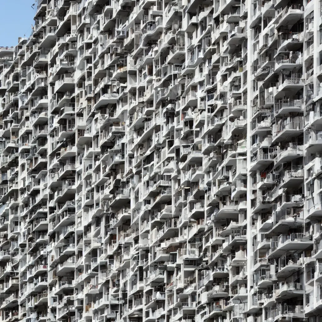 Image similar to lots of stacked balconies of different size and colour