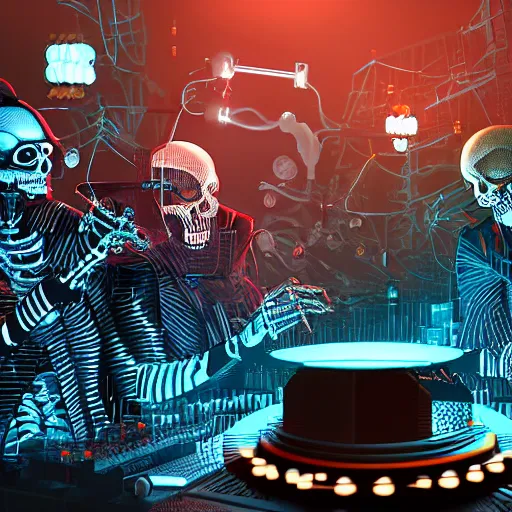 Image similar to cyberpunk skeleton band playing synthesizer, honeycomb structure, smokey lights, lasers, highly detailed, realistic, technology and magic,