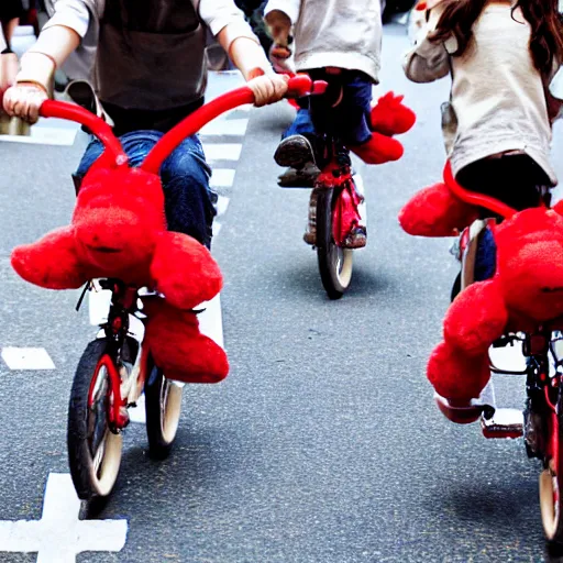 Image similar to tiny cute red dragons riding a bike in the streets of tokyo