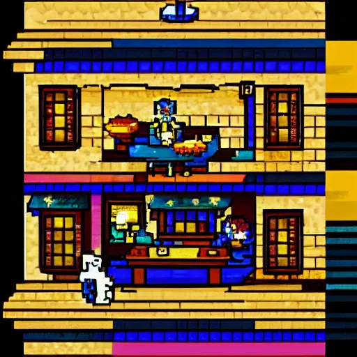 Prompt: pixel art witch with her cat sitting in a tavern with godrays through the windows