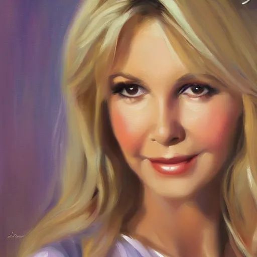 Image similar to closeup portrait of olivia newton john in the music video hopelessly devoted to you, evening, highly detailed oil painting, vladimir volegov, artstation