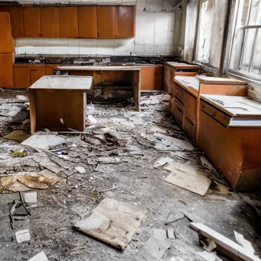 Prompt: HD photo of a 1990s office kitchen, abandoned for centuries, heavily soiled and debris-strewn.