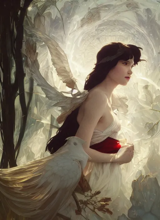 Image similar to portrait of snow white, birds, white spike aura in motion, floating pieces, painted art by tsuyoshi nagano, greg rutkowski, artgerm, alphonse mucha, spike painting