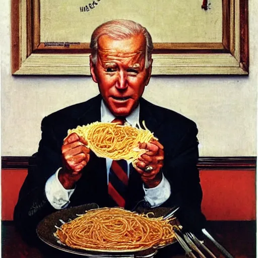 Prompt: joe biden eating a bowl of spaghetti, norman rockwell