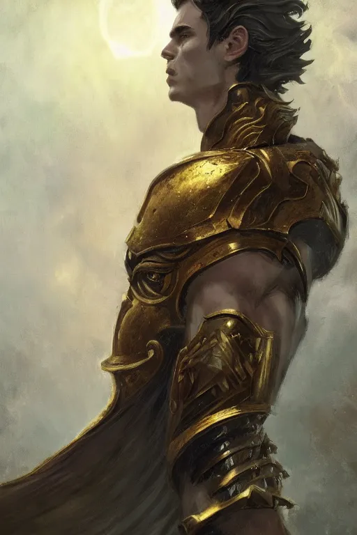 Image similar to a masculine elegant man from sideview with large shoulders, armor, and wearing golden laurel wreath, there are flames behind him, ethereal horror fantasy art by greg rutkowski and magali villanueve and monet con