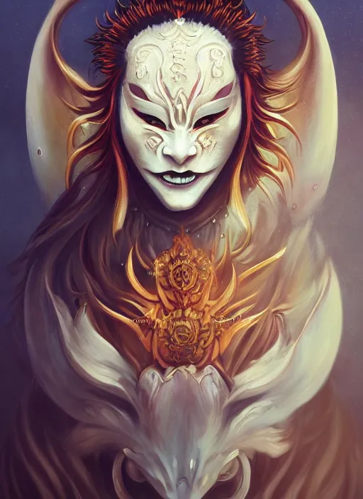 Image similar to a beautiful detailed oil on copper art illustration of a japanese hannya kitsune mask devil woman, the mask is broken, centered, by charlie bowater, zeng fanzh, trending on artstation, dim dusk lighting, cinematic lighting, detailed lighting, volumetric lighting, realistic, f 8, 4 k hd wallpaper