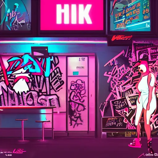 Prompt: stylish cartoon portrait of two hip hop artists in a strip club with designer clothes, throwing rubber bands in the air instead of money, made out of rain, cyberpunk background, rendered in octane, unreal engine, highly detailed, trending on artstation, realistic, splashes of neon, beautiful, depth of field, photorealistic, graffiti,