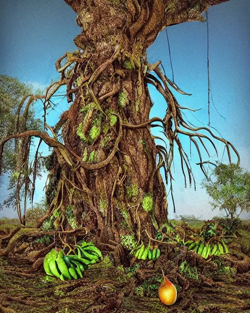 Prompt: a surreal yet plausible iphone photo of an ancient tall tree with multiple kinds of hybrid fruits and vegetables growing from it, SCP-777 the ultimate chimera tree of cornucopia, CGSociety, by James Gurney