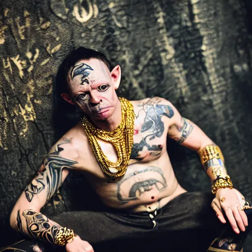 Image similar to gollum couching in a dungeon proudly wearing lots of gold and jewelry and bling, hip hop style, tattoos, lotr, imax, foggy atmosphere, bokeh, professional studio shot, stylized photo, single image