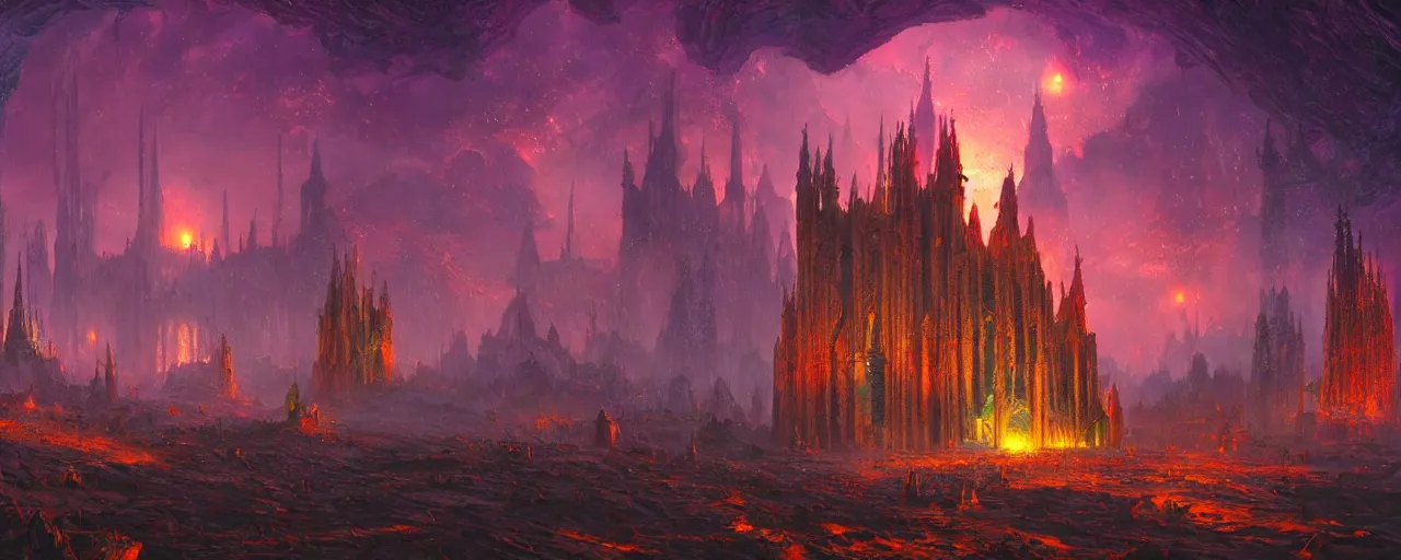 Prompt: ” otherworldly landscape with an epic cathedral, [ by paul lehr, cinematic, detailed, epic, widescreen, opening, establishing, mattepainting, photorealistic, realistic textures, octane render ] ”