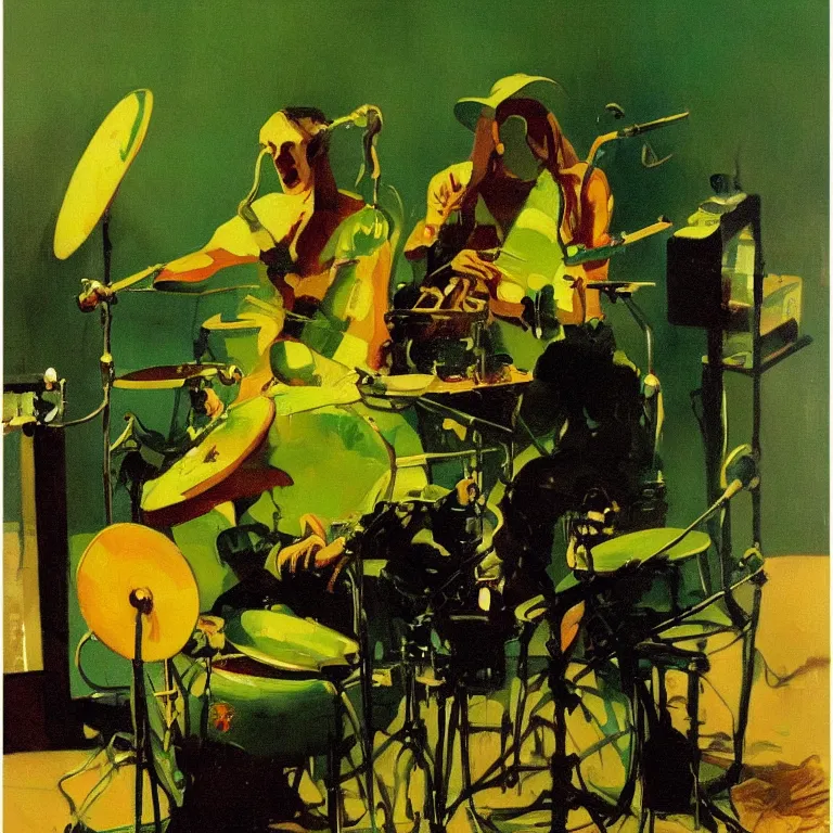 Image similar to a beautiful painting by mead schaeffer of an octopus playing drums and telecaster guitar in a rock concert, dark background, green concert light, dark mood