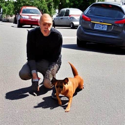 Prompt: Jerma985 eating a small dog in the middle of the street, 4k, high definition